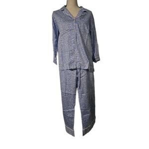 Natori Women’s Cotton Pajama Set Long Sleeve Blue and White Geometric Small